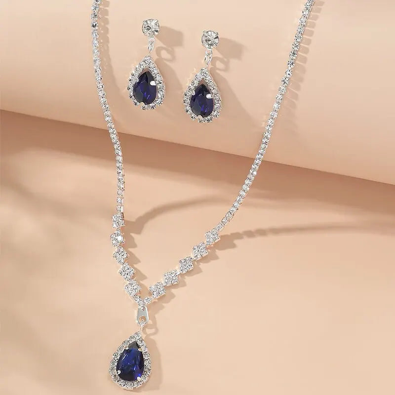2 Pcs MODAs Set Blue Crystal Stone Necklace Bracelet With Dazzling Cubic Zircon