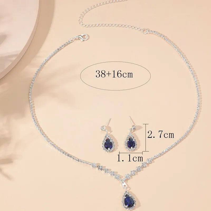 2 Pcs MODAs Set Blue Crystal Stone Necklace Bracelet With Dazzling Cubic Zircon