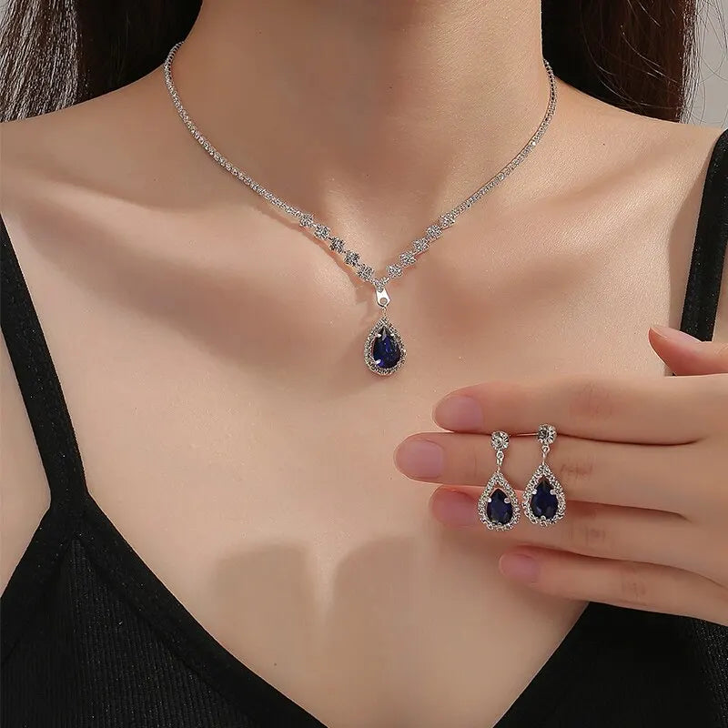 2 Pcs MODAs Set Blue Crystal Stone Necklace Bracelet With Dazzling Cubic Zircon