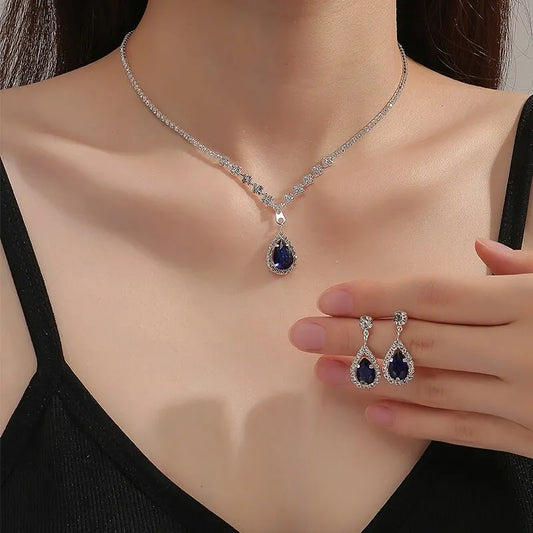 2 Pcs MODAs Set Blue Crystal Stone Necklace Bracelet With Dazzling Cubic Zircon