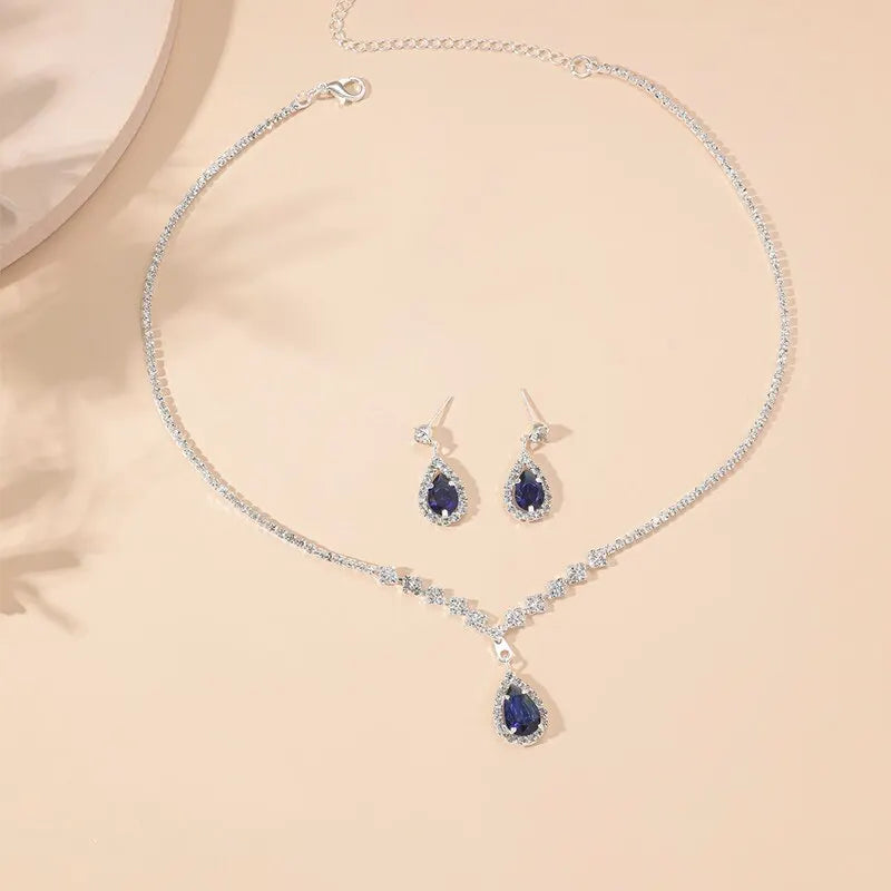 2 Pcs MODAs Set Blue Crystal Stone Necklace Bracelet With Dazzling Cubic Zircon